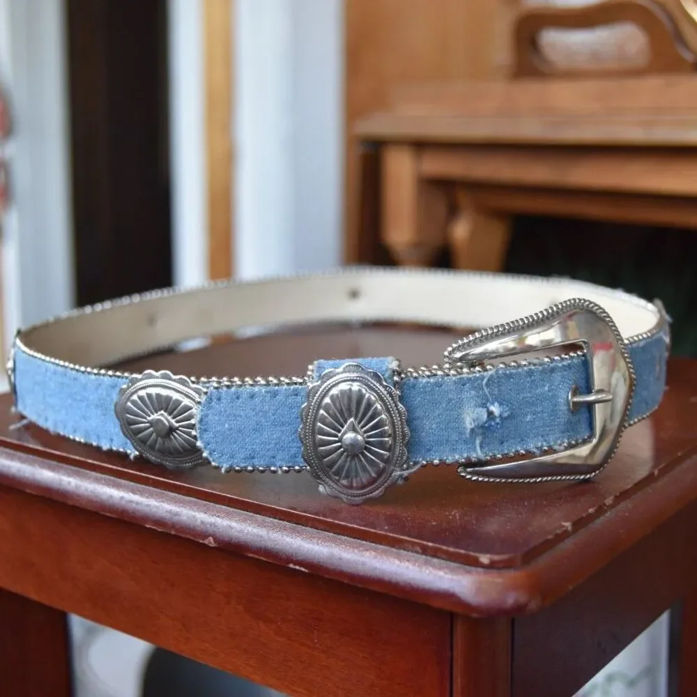 Vintage Y2K Denim Concho Belt Western Silver Studded XS S
